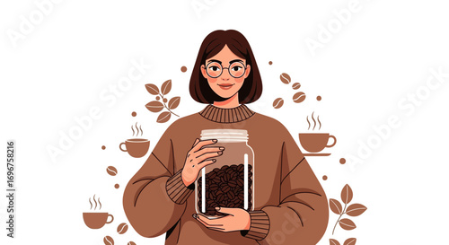 Coffee Lover Holding Jar Full Of Beans, Cute Illustration of Lady With Glasses, Aesthetic