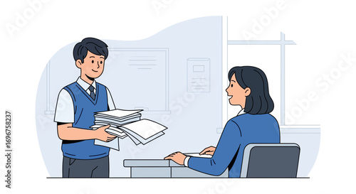 Colleague Delivering Reports to a Smiling Executive in an Office Setting