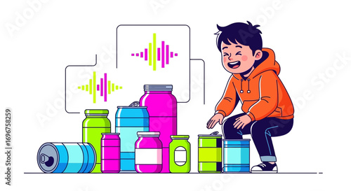 Colorful Cans Sound Symphony: Energetic Child Creates Musical Rhythms with Fun