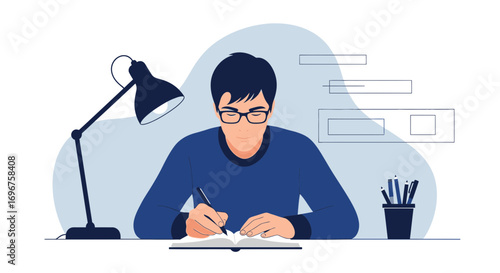 Concentrated Writer Working Under a Desk Lamp, Focused and Producing Creative Content