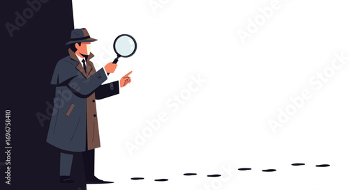Detective Investigating Clues, Using Magnifying Glass, Finding Evidence In Mystery