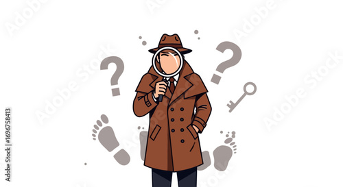 Detective Searching For Clues With Magnifying Glass And Footprints To Solve Mysteries