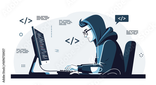 Conceptual Illustration of Coding, A Programmer Focused on Lines of Code in Office