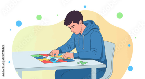 Concentrated Young Man Assembling Puzzle on Table, Solving Logical Challenges