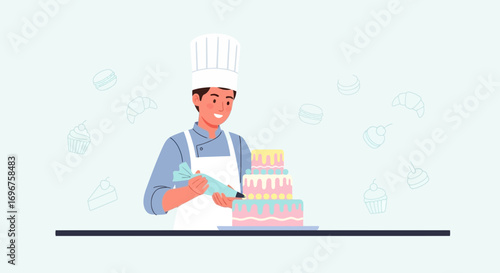 Confectioner Crafting A Delightful Triple-Tiered Cake, Illustrating Culinary Arts