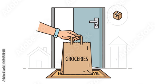 Contactless Grocery Delivery At Front Door With Package Concept Digital Illustration, Home