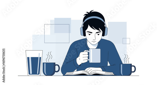 Contemplative Moment: Illustrated Person Immersed In Literature, Drinking Beverages