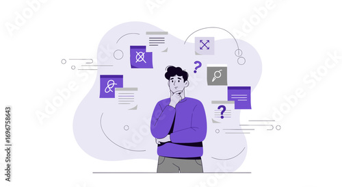 Contemplative Individual Surrounded By Abstract Symbols Considering Complex Choices