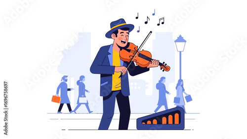 Street Musician's Serenade: A skilled street musician enchants passersby with a captivating violin performance, his melodies weaving through a bustling urban scene.