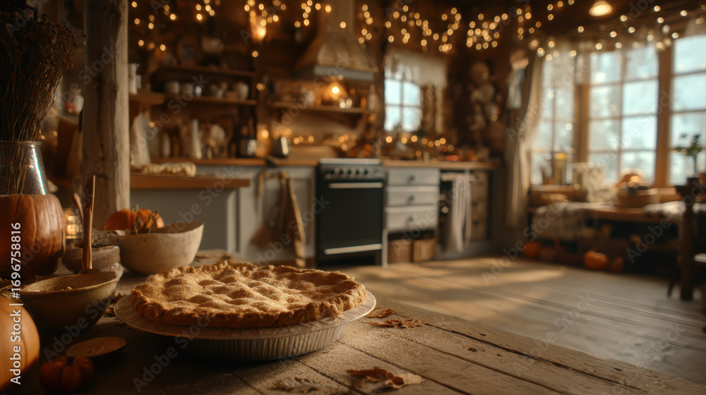 Fototapeta premium Cozy rustic kitchen with freshly baked pumpkin pie on wooden table, warm autumn light, pumpkins and string lights creating a welcoming atmosphere