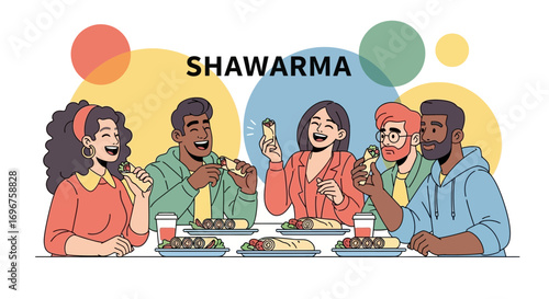 Diverse Group Enjoying Delicious Shawarma Together During a Relaxing Mealtime Gathering