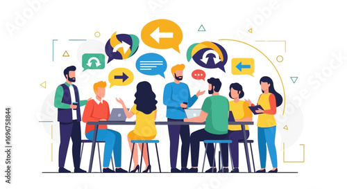 Diverse People Meeting, Discussing Ideas, And Sharing Dialogue Balloons Regarding Business Planning