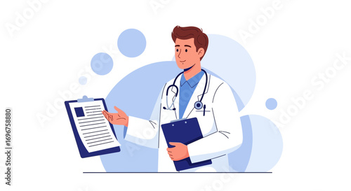 Doctor Presenting Medical Information and Holding a Clipboard in a Healthcare Setting
