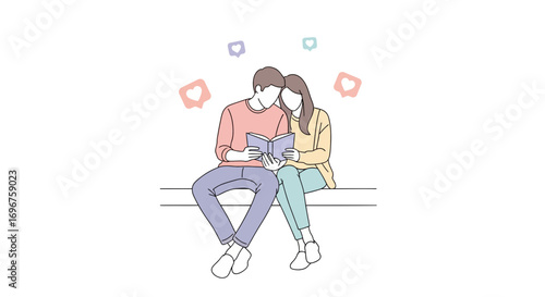 Couple Reading Together Enjoying Leisure Time Surrounded by Like Symbols and Illustration