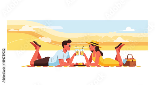 Couple Relaxing Outdoors Enjoying Drink, Peaceful Day, Friendship, Joyful Moments Together Outdoors