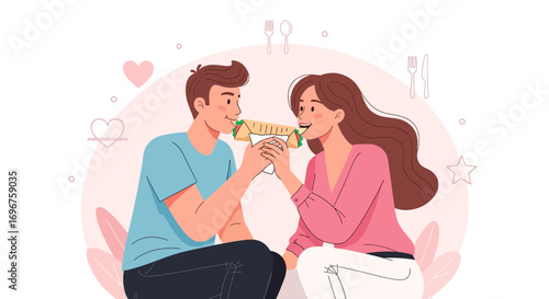 Couple Sharing Delicious Wrap Celebrating Togetherness, Happiness, And Contentment In Life