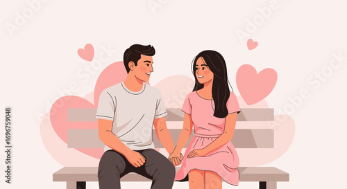 Couple's Peaceful Moment: Holding Hands on a Bench Amidst Gentle Pink Hearts Glow