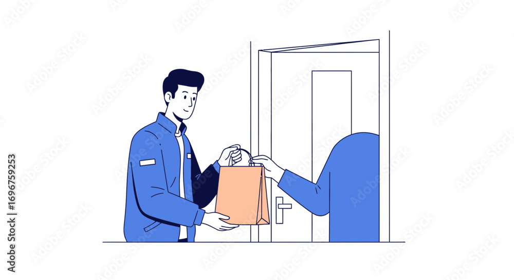 Fototapeta premium Courier Delivering Package To Customer At The Door Illustrating Modern Fast Home Delivery Service