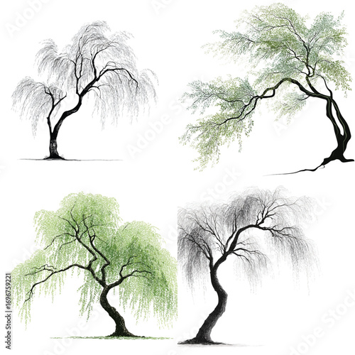 Vector art of four willow trees in different seasons drawing