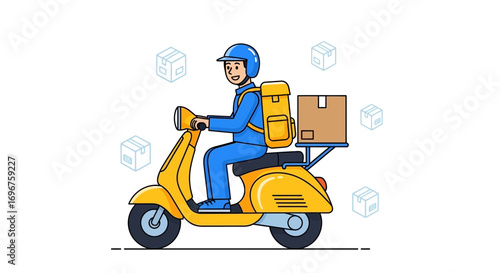 Courier Delivering Package on Scooter, Fast Delivery Service Concept Illustration