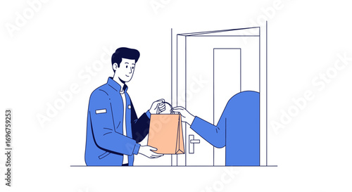 Courier Delivering Package To Customer At The Door Illustrating Modern Fast Home Delivery Service