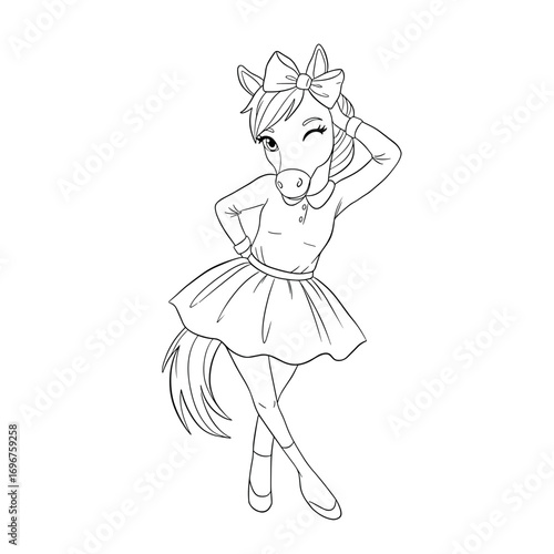 Cartoon horse girl winking in a dress with a bow  