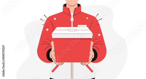 Courier Delivering Package, Red Jacket, Fast Delivery, Package Service, Vector Illustration