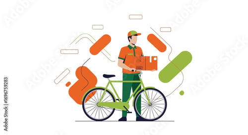 Courier Delivering Packages On Bicycle Depicted In Orange And Green Colors