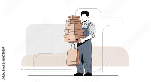 Courier Delivering Purchases, Loads Of Boxes, Goods Transportation, Package Handling Services,