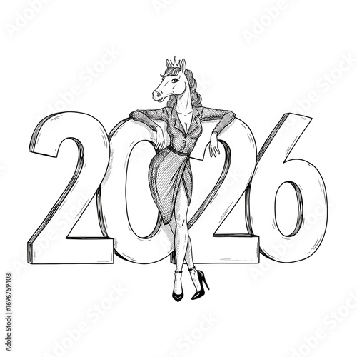 Fashionable unicorn character leaning against 2026 with elegance - Concept of T-shirt print - Year of the Horse  