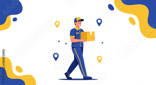 Courier In Delivery Uniform Carrying Box With Location Pins On Elegant White Background