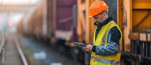 The Railway Worker Using a Tablet to Inspect Freight Trains at Sunset