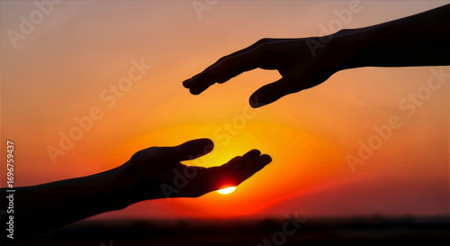 Silhouette of two hands reaching towards each other against a vibrant sunset sky with warm colors radiating