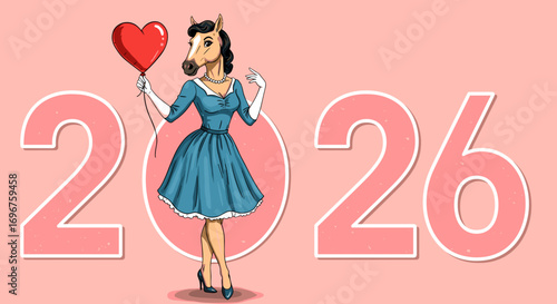 Woman in horse mask holding heart balloon in pink background - Concept of Print for T-shirt - Year of the Horse  