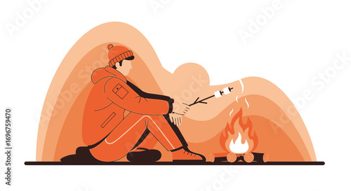 Cozy Camping Scene Illustrating A Person Roasting Marshmallows Over A Campfire