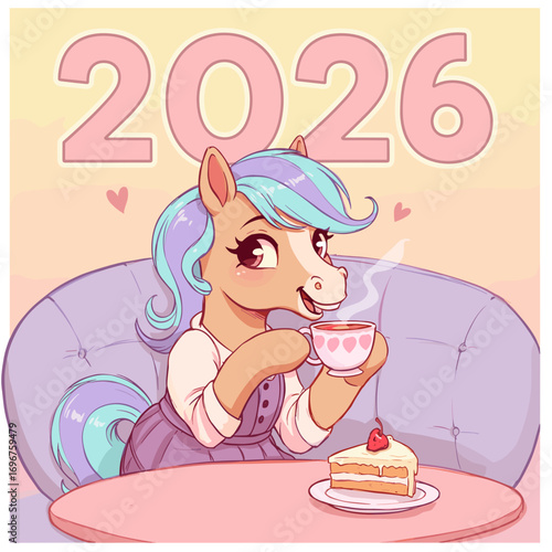 Cartoon pony sipping tea while sitting on a sofa with cake and 2026  