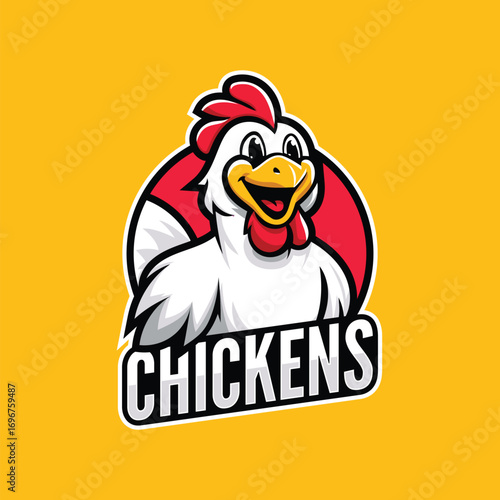 Cheerful chicken mascot logo in cartoon style with red circle background