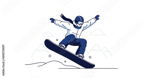 Dynamic Snowboarding Illustration Depicting Winter Sport Enthusiast and Mountain Landscape