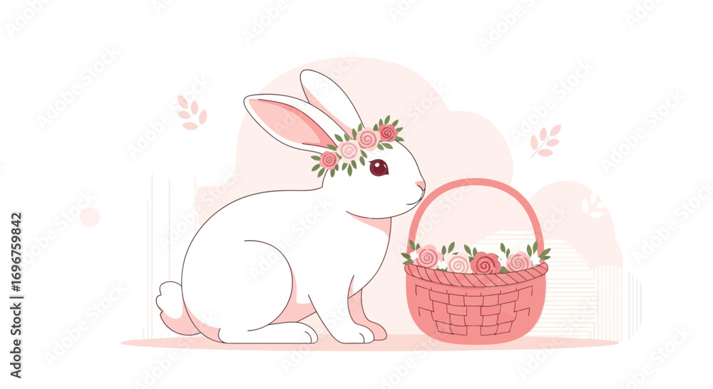 Obraz premium Easter Bunny With Floral Wreath and Basket Filled With Roses on Soft Background