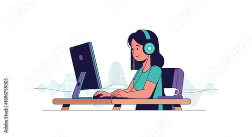 Creative Artist Working On Computer With Headphones While Listening Music, Illustration