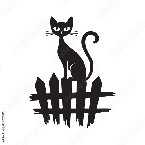 A Spooky Black Cat with an Arched Tail Sitting on a Picket Fence