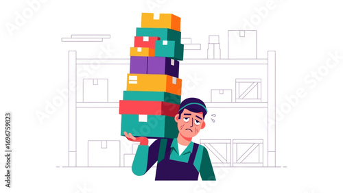 The Weight of Logistics: A worker struggles under the weight of stacked packages, the demands of warehousing and delivery. An illustration of the hard work.