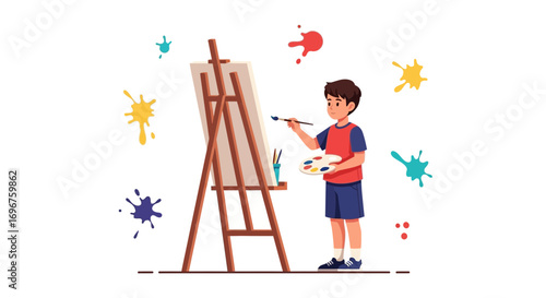 Creative Boy Painting: Artistic Expression With Paintbrush, Canvas, and Watercolor Splatters