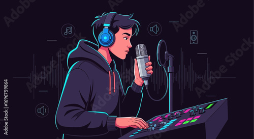 Creative Audio Engineer Producing Music In Studio With Microphone And Sound Mixer