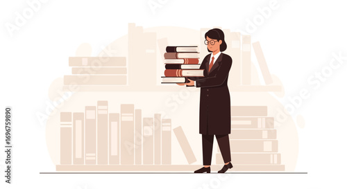 Educated Professional Carrying Many Books in a Library Setting with Organized Background