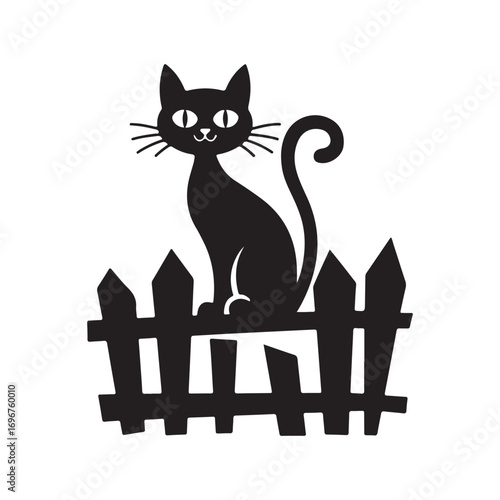 A Spooky Black Cat with an Arched Tail Sitting on a Picket Fence