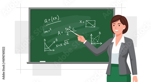 Educator Demonstrating Mathematical Equations On A Green Chalkboard In Classroom Setting