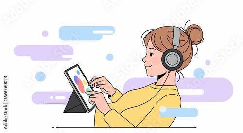 Creative Digital Art Experience: Portrait of a Young Woman Designing on a Tablet