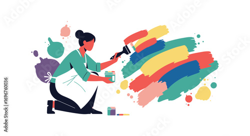 Creative Expression: Woman Painting Colorful Swatches on White Background Design