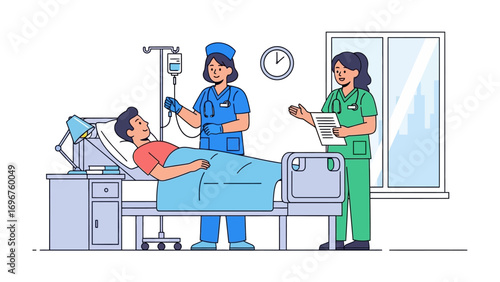 Hospital bedside: A patient receives medical care in a hospital room, attended by compassionate nurses.